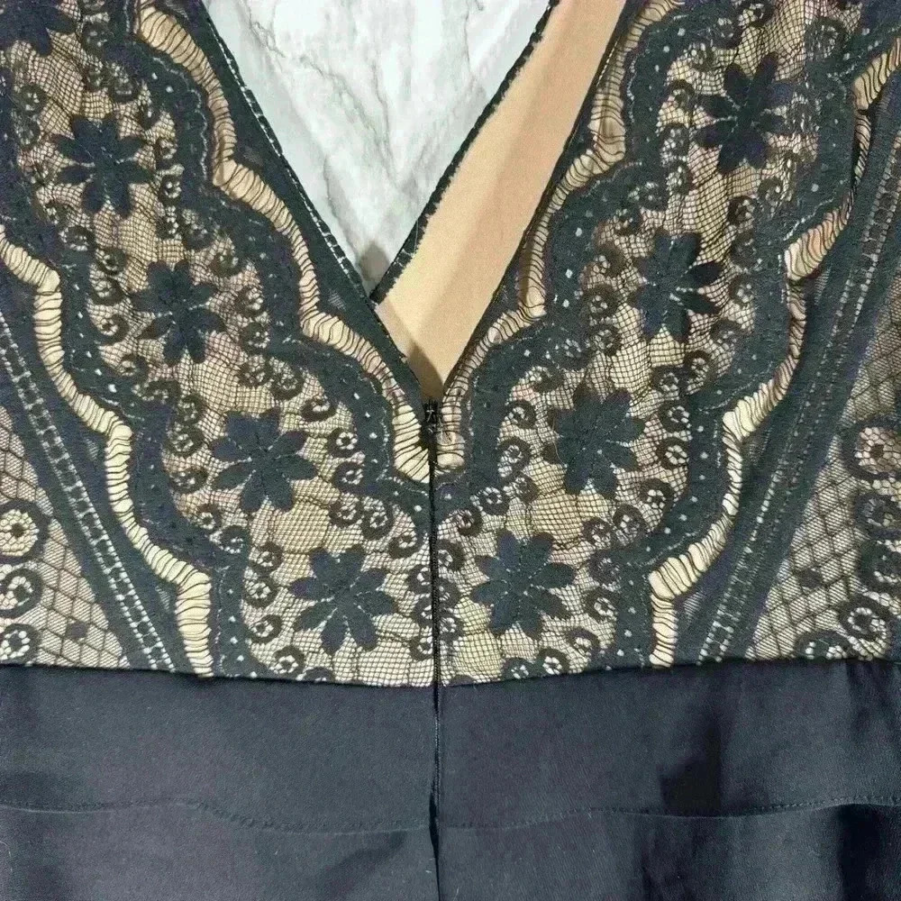 Adrianna Papell Black & Tan Lace Overlay Tiered Ruffle V-Neck Sheath Dress Sz 14 - Picture 3 of 7